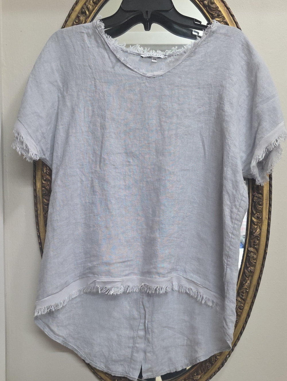 Tempo Paris Light Gray Short Sleeve Frayed Hem Top Size Sm/med 100% Linen